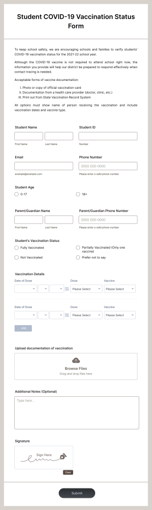 Student COVID 19 Vaccination Status Form Template