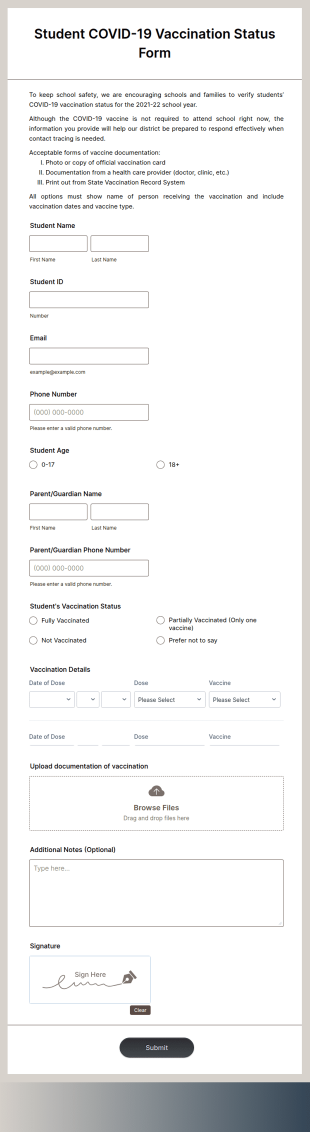 Student COVID 19 Vaccination Status Form Template