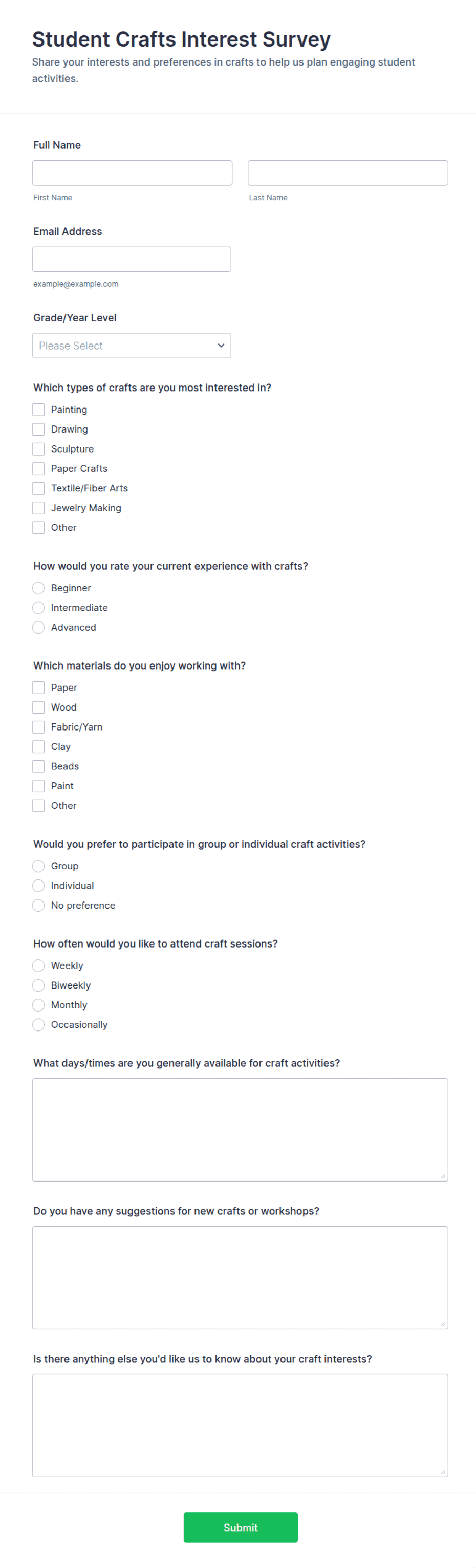 Student Crafts Interest Survey Form Template | Jotform