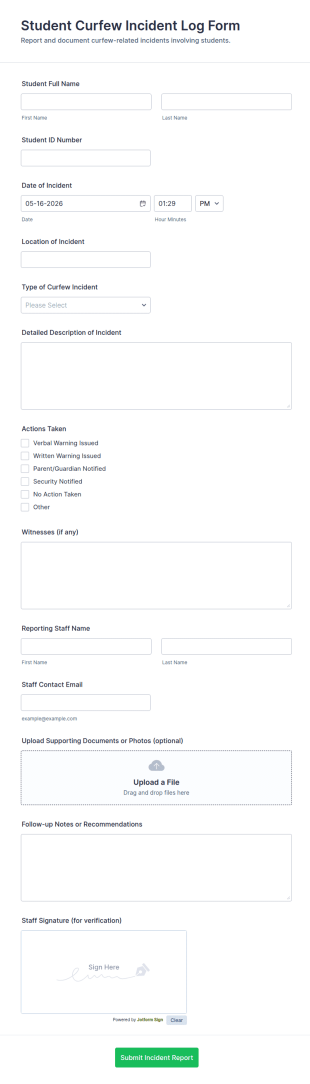Student Curfew Incident Log Form Template