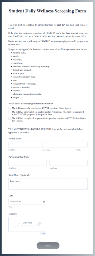 Student Daily Wellness Screening Form Template