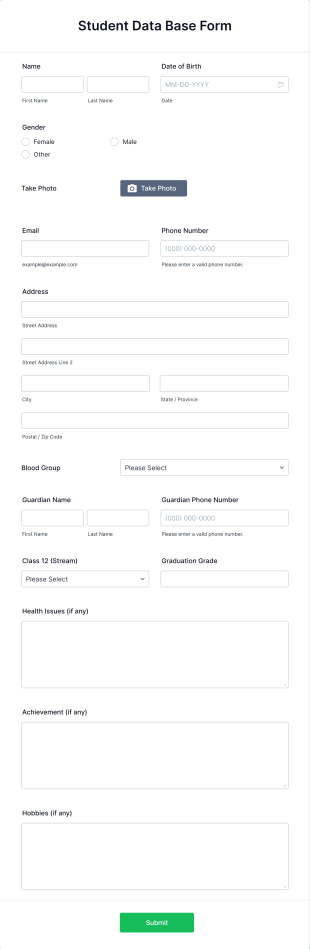 Student Data Base Form Template