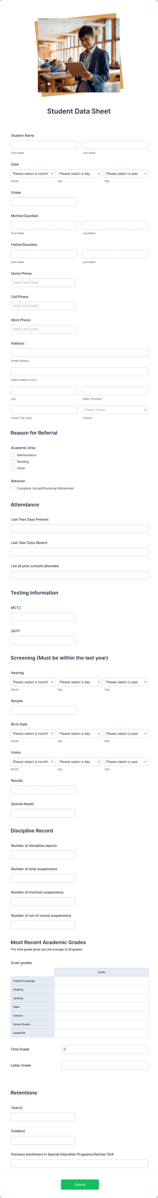 Student Data Form Template