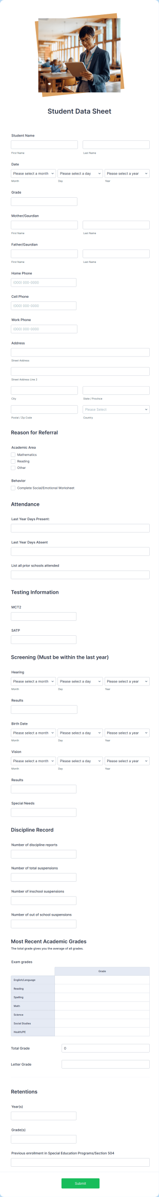 Student Data Form Template