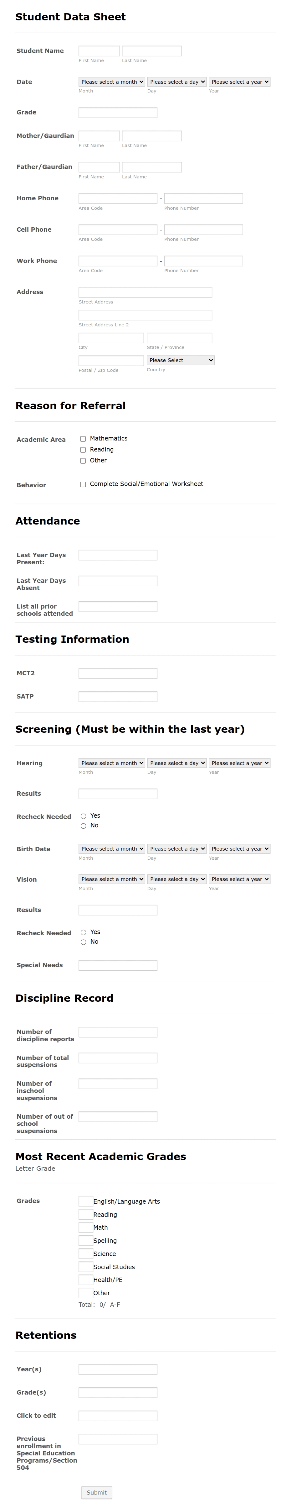 student data sheet student data tracking sheet form template | jotform