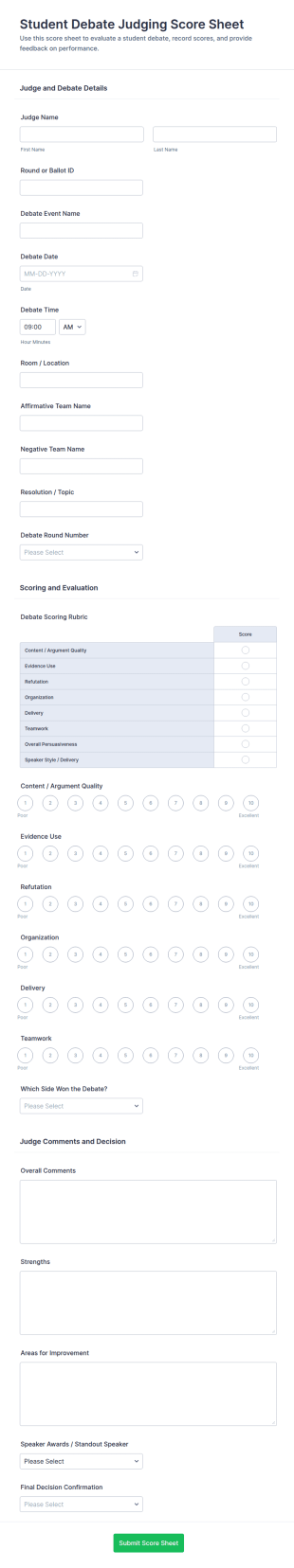Student Debate Judging Score Sheet Form Template