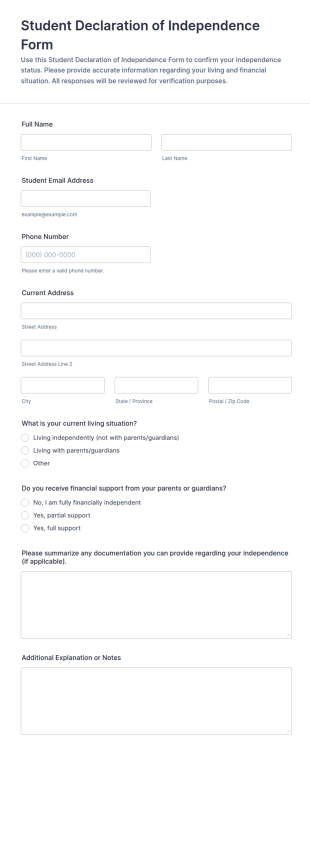 Student Declaration Of Independence Questionnaire Form Template