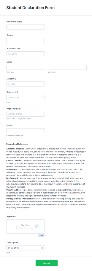 Student Declaration Form Template