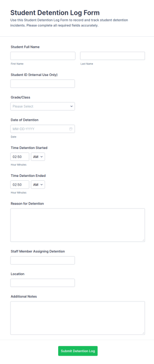 Student Detention Log Form Template