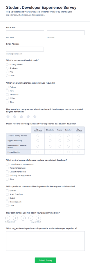 Student Developer Experience Survey Form Template