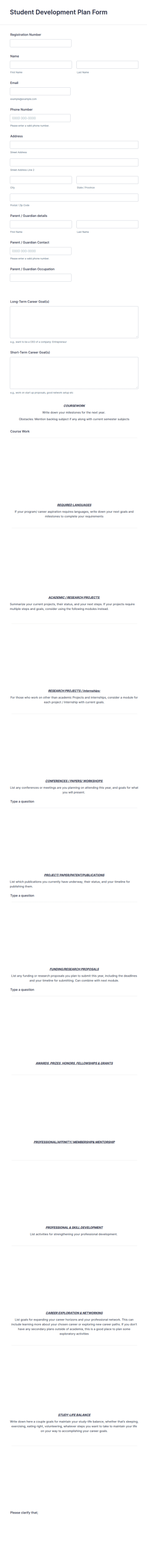 Student Development Plan Form Template