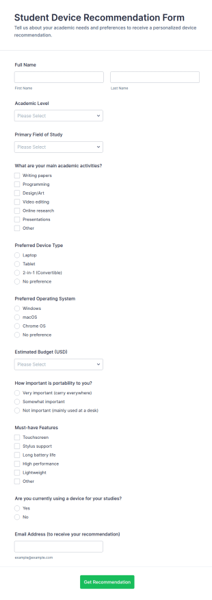 Student Device Recommendation Form Template