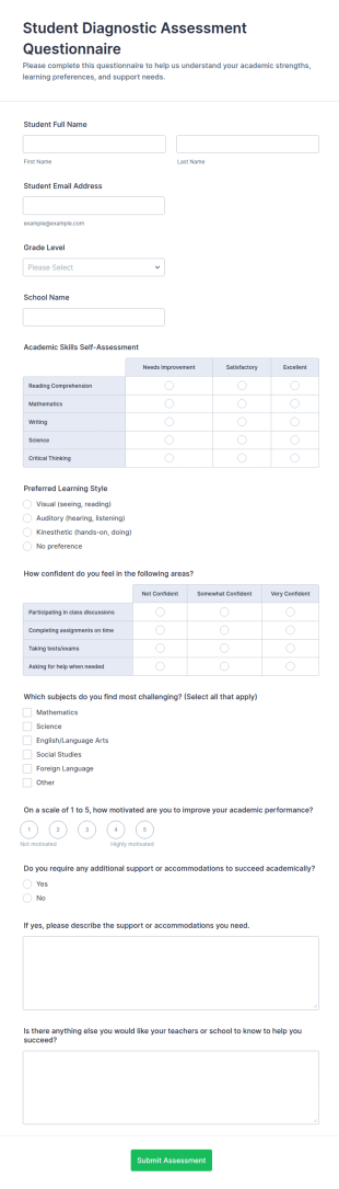 Student Diagnostic Assessment Questionnaire Form Template