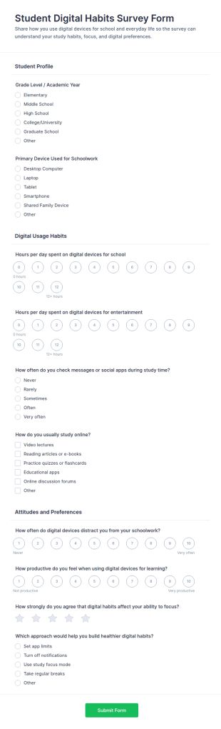 Student Digital Habits Survey Form Template