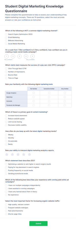 Student Digital Marketing Knowledge Questionnaire Form Template