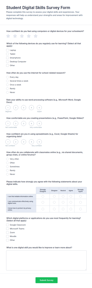 Student Digital Skills Survey Form Template