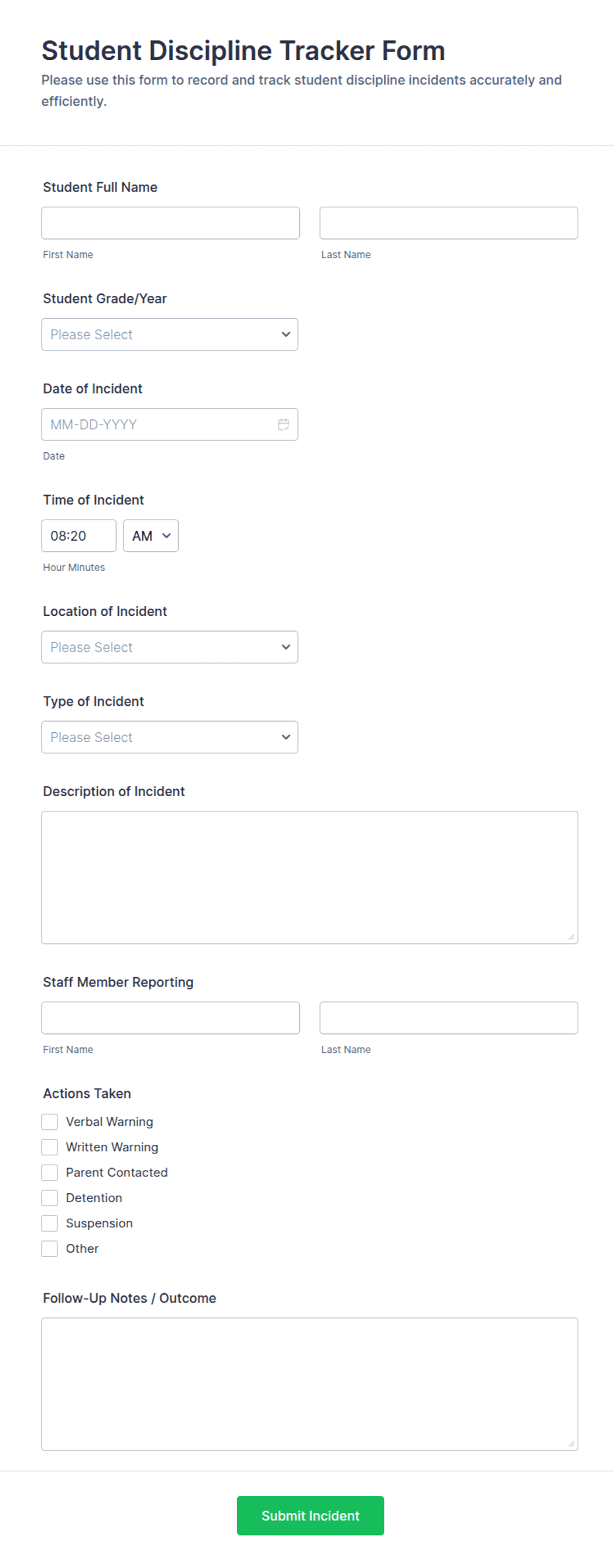 Student Discipline Tracker Form Template | Jotform
