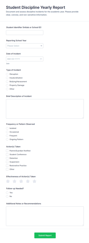 Student Discipline Yearly Report Form Template