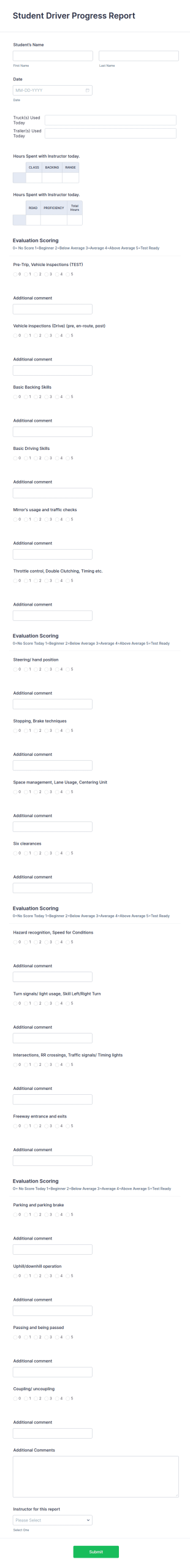 Student Driver Progress Report Form Template