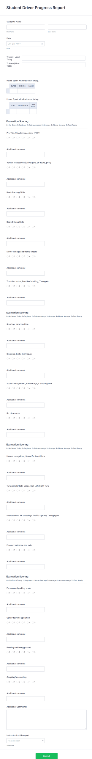 Student Driver Progress Report Form Template
