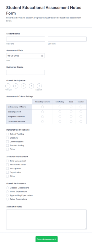 Student Educational Assessment Notes Form Template