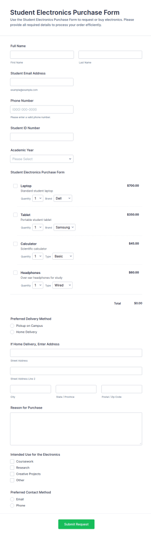 Student Electronics Purchase Form Template