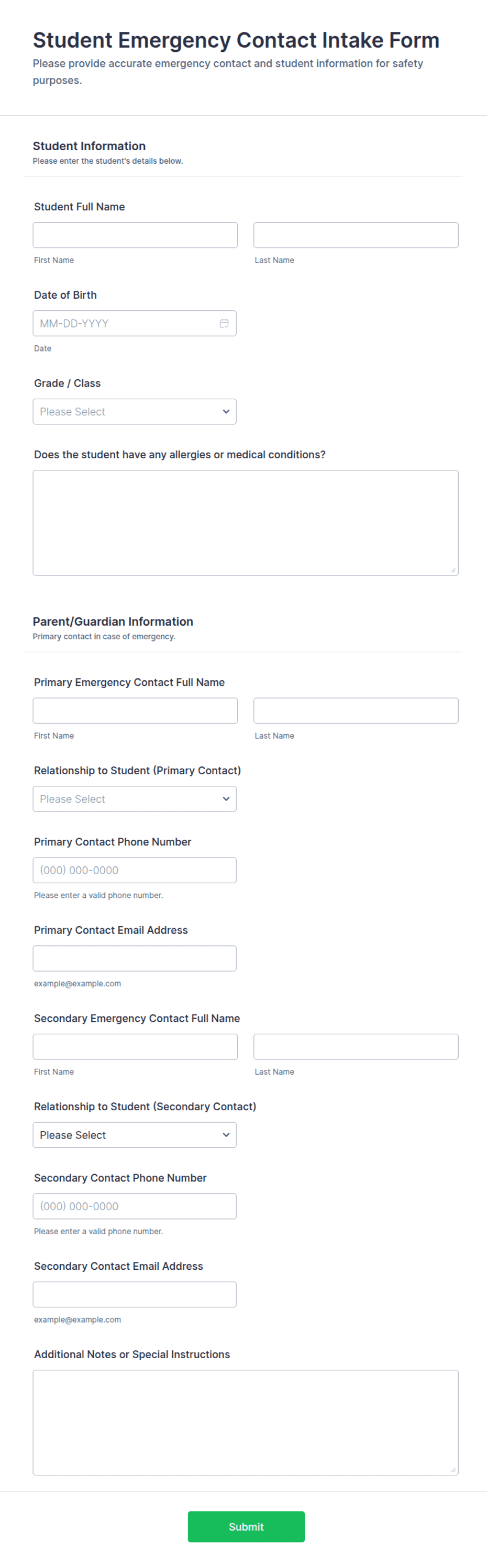 Student Emergency Contact Intake Form Template | Jotform