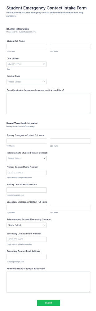 Student Emergency Contact Intake Form Template