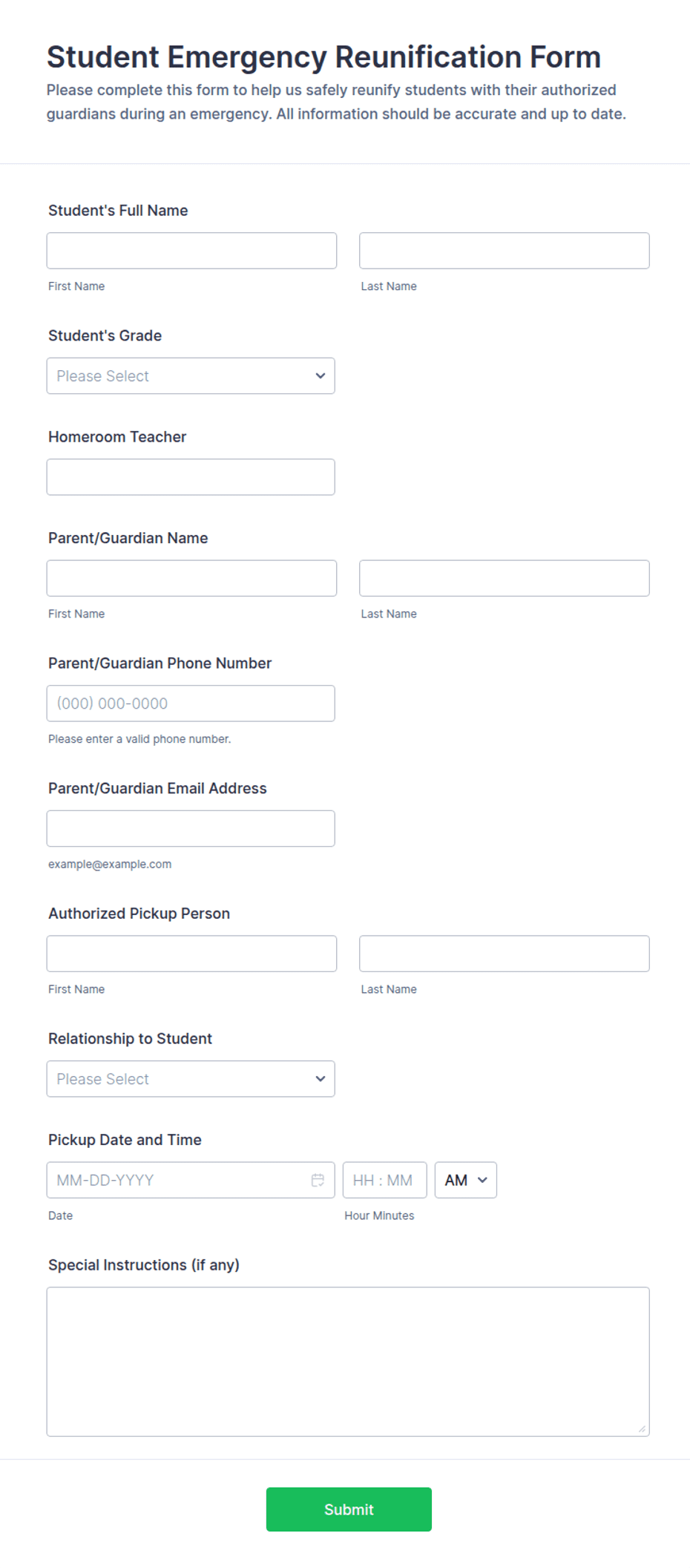 Student Emergency Reunification Quiz Form Template | Jotform