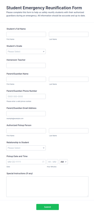Student Emergency Reunification Quiz Form Template