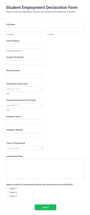 Student Employment Declaration Form Template