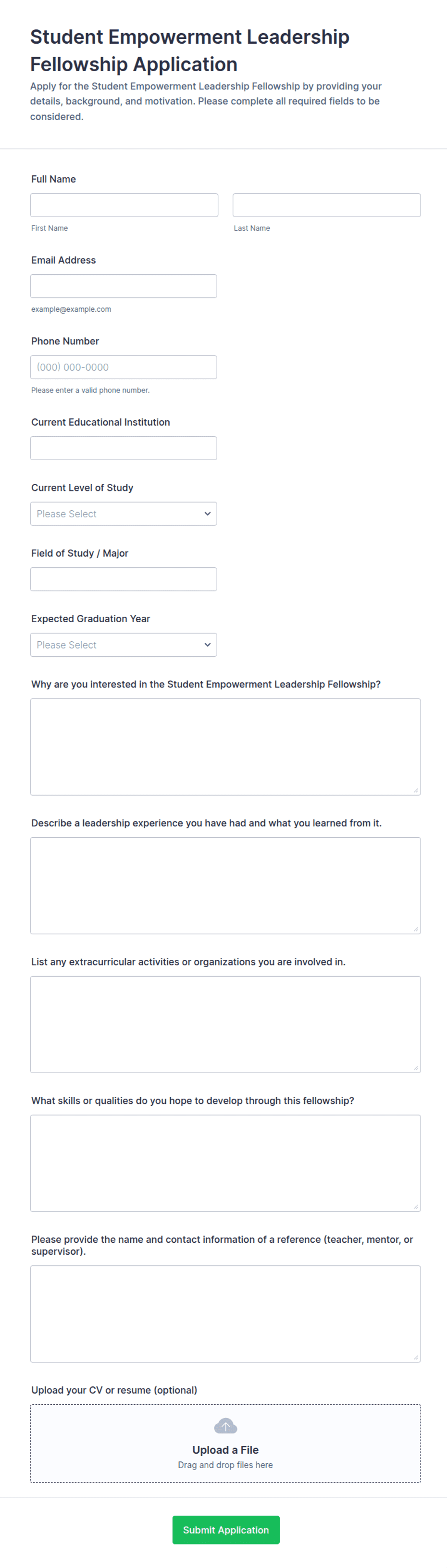 Student Empowerment Leadership Fellowship Application Form Template ...