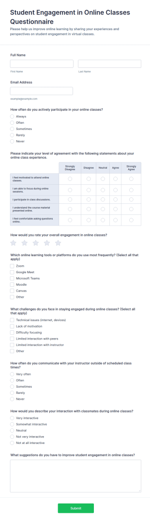 Student Engagement In Online Classes Questionnaire Form Template