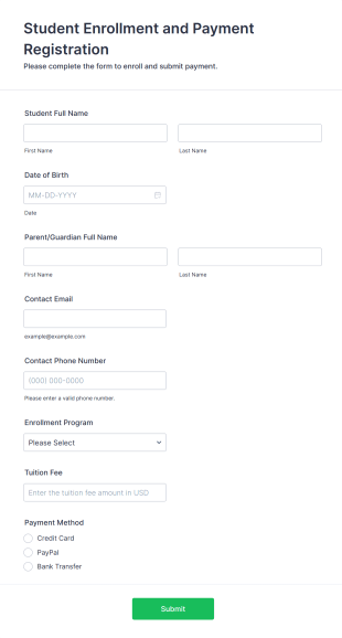 Student Enrollment And Payment Registration Form Template