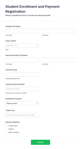 Student Enrollment And Payment Registration Form Template