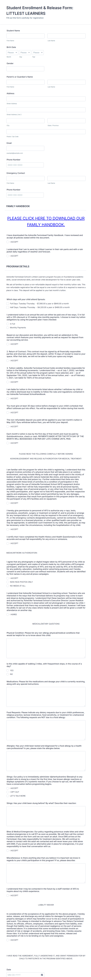 Student Enrollment & Release Form: Littlest Learners Form Template