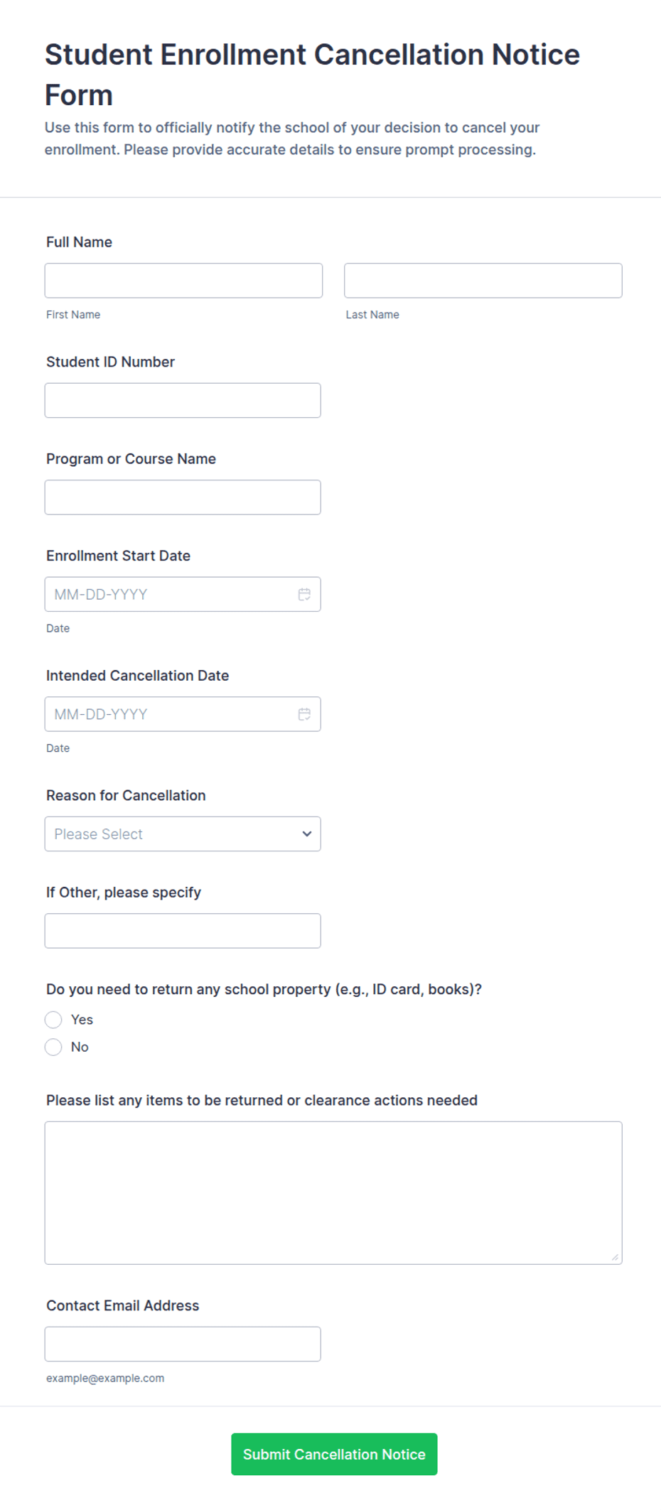 Student Enrollment Cancellation Notice Form Template | Jotform