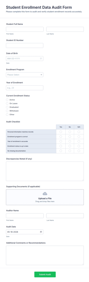 Student Enrollment Data Audit Form Template
