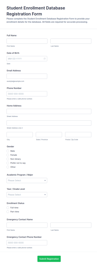 Student Enrollment Database Registration Form Template