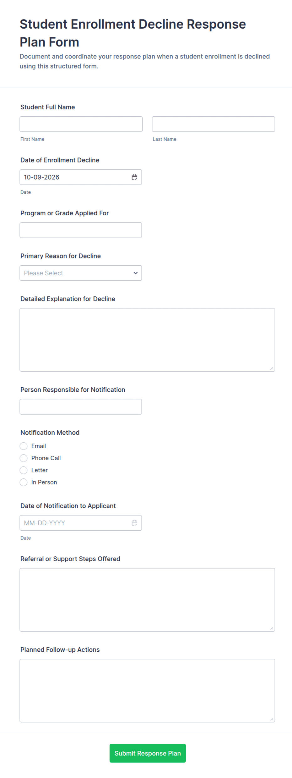 Student Enrollment Decline Response Plan Form Template | Jotform