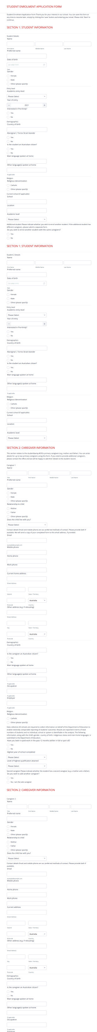 Student Enrolment Application Form Template