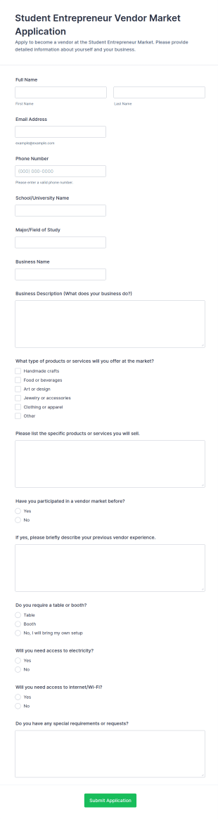 Student Entrepreneur Vendor Market Application Form Template
