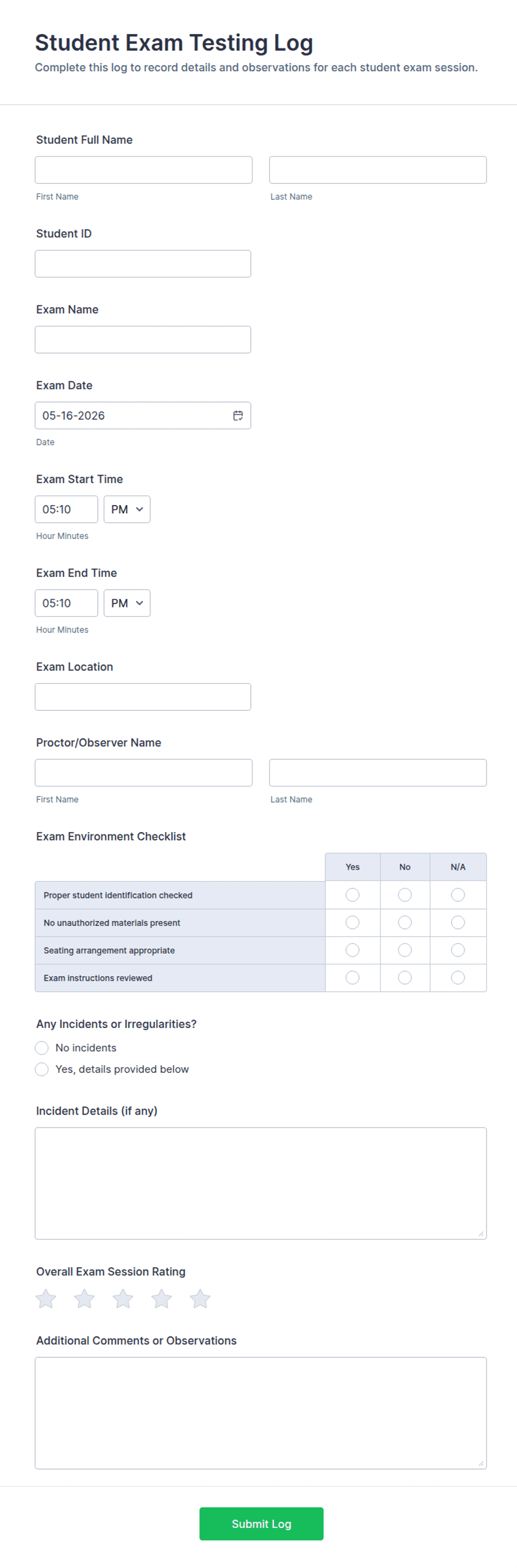 Student Exam Testing Log Form Template | Jotform