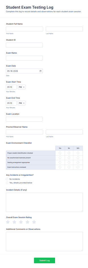 Student Exam Testing Log Form Template