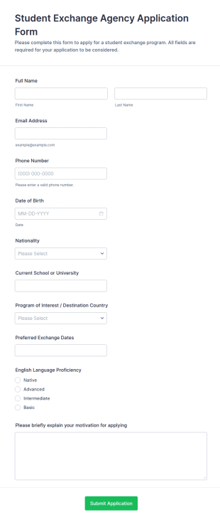 Student Exchange Agency Application Form Template