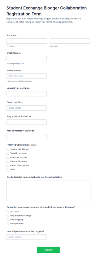Student Exchange Blogger Collaboration Registration Form Template