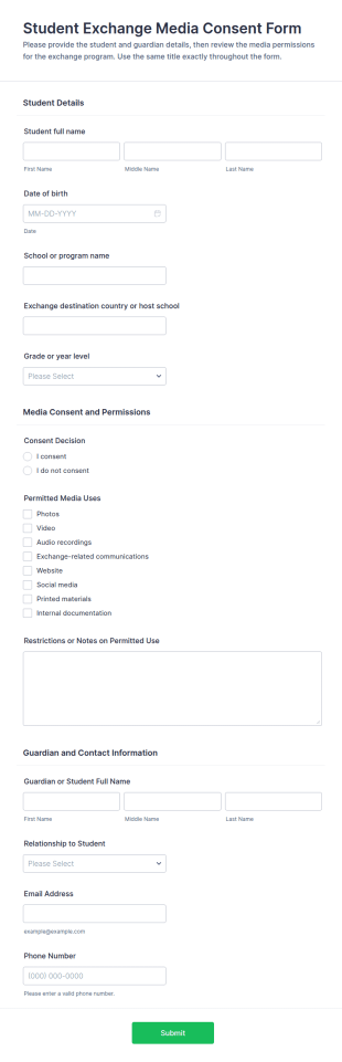 Student Exchange Media Consent Form Template
