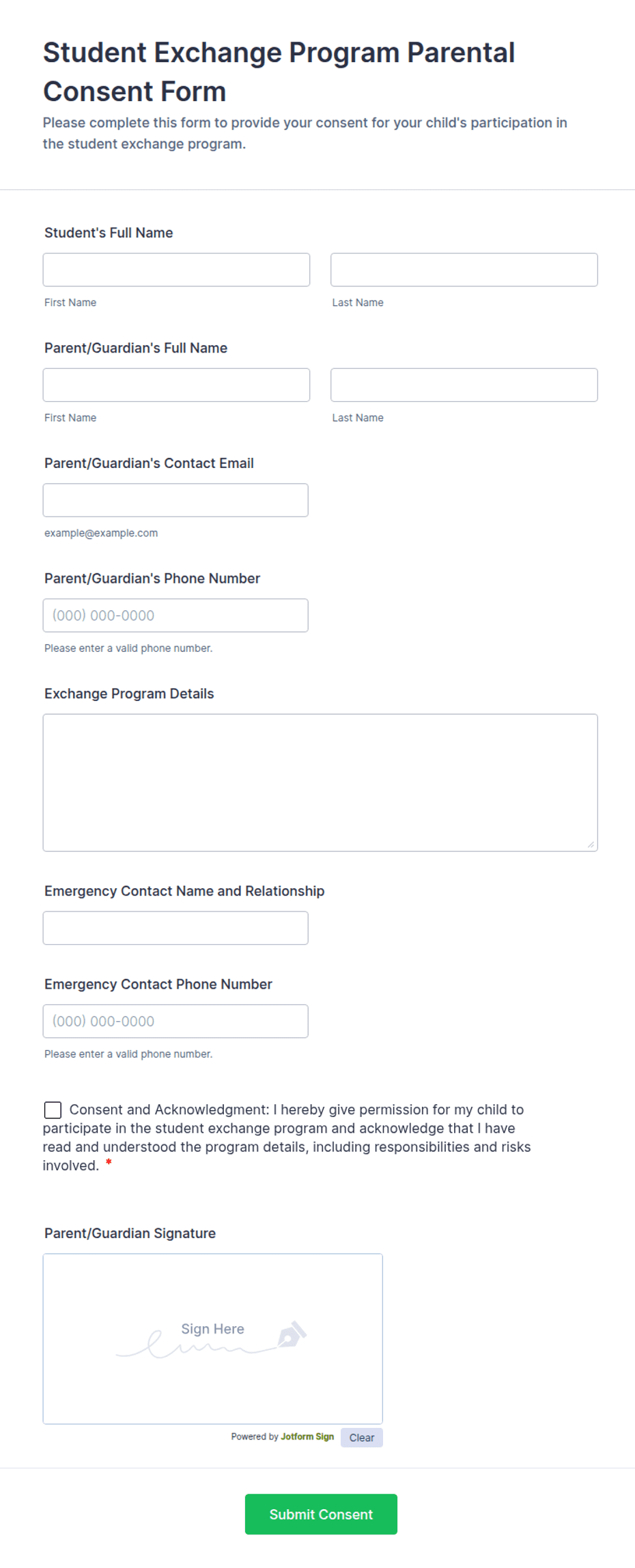 Sap Program Consent Form Example Student Exchange Program Parental Consent Form Template | Jotform