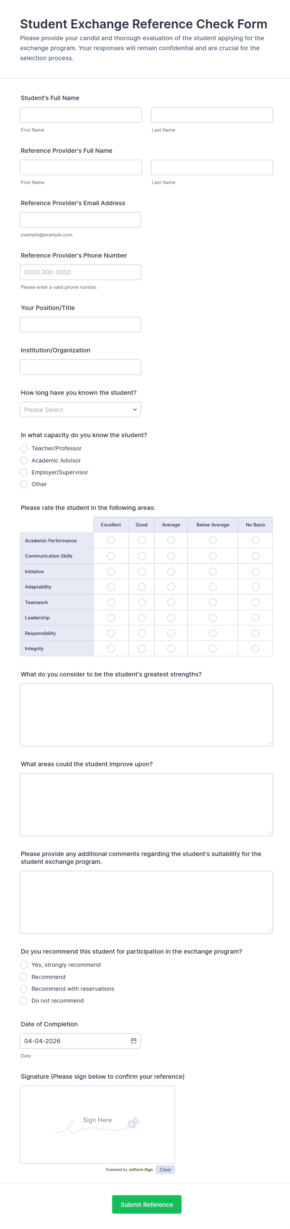 Student Exchange Reference Check Form Template | Jotform