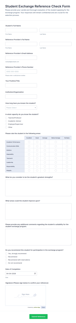 Student Exchange Reference Check Form Template
